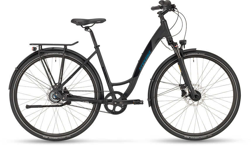 Schwarzes Fahrrad mit 28Zoll Rädern mit tiefen Einstieg 8 gang nabenschlatung und Zahnriemenantrieb. Mit Federgabel
