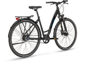 Schwarzes Fahrrad mit 28Zoll Rädern mit tiefen Einstieg 8 gang nabenschlatung und Zahnriemenantrieb. Mit Federgabel