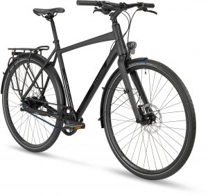 Sportliches Schwarzes Fahrrad mit 28Zoll Rädern mit Trapez oder Diamantrahmen 11 gang nabenschlatung und Zahnriemenantrieb.