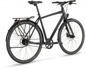 Sportliches Schwarzes Fahrrad mit 28Zoll Rädern mit Trapez oder Diamantrahmen 11 gang nabenschlatung und Zahnriemenantrieb.
